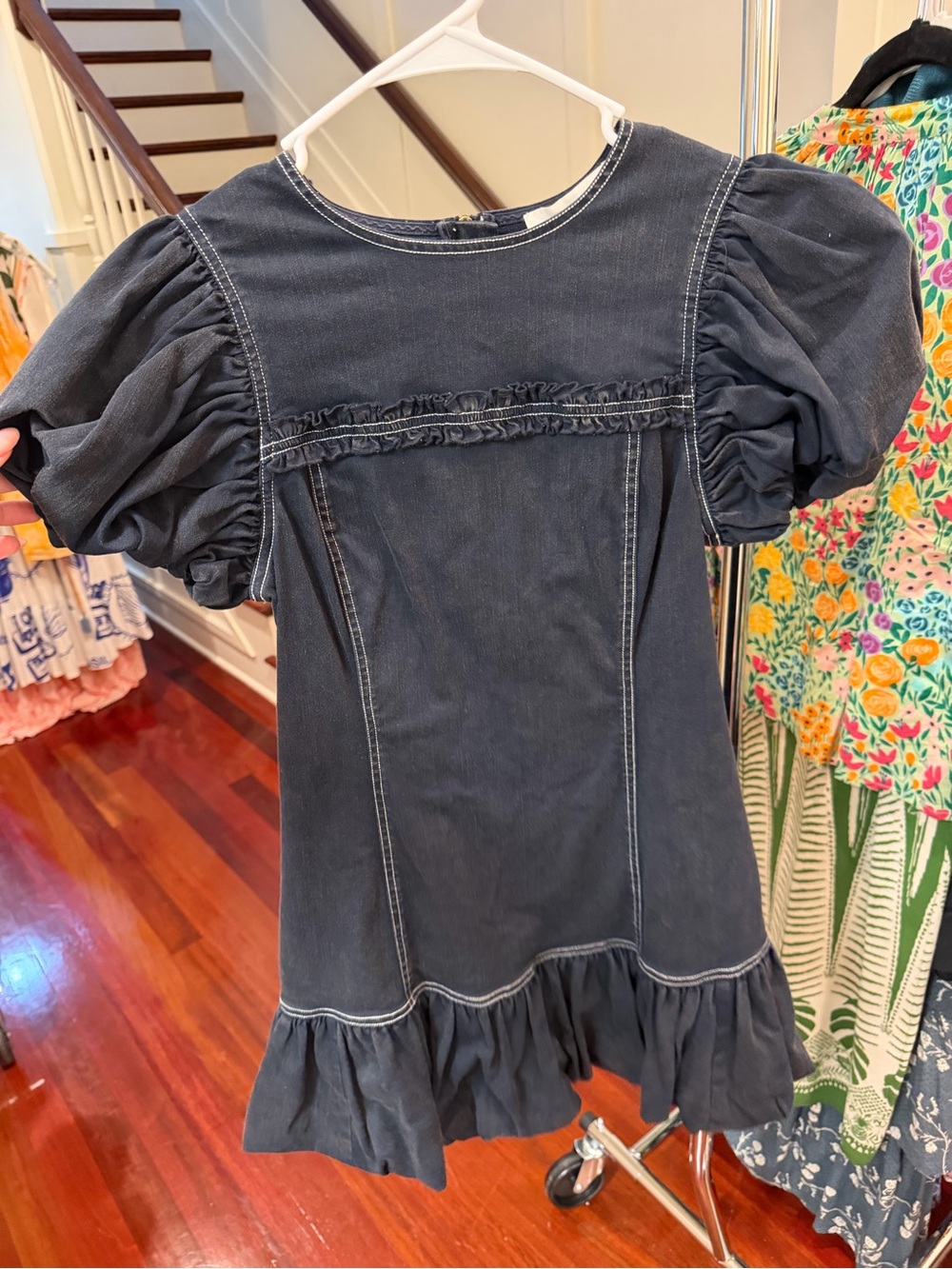 Mini Ruffled Denim Dress in Dark Blue